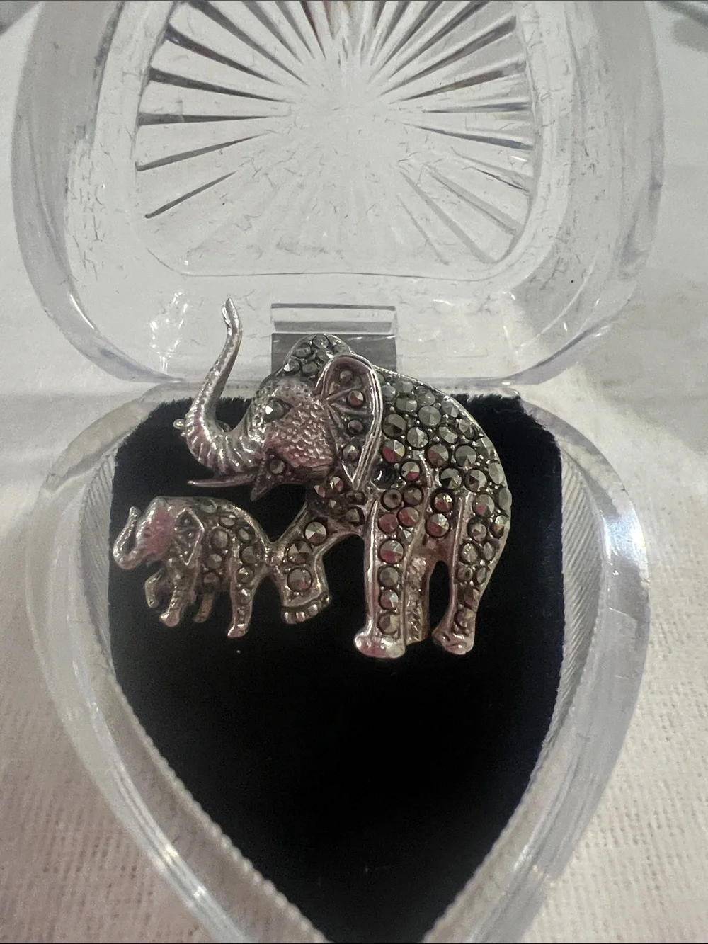 B#61-Silver Elephant Duo Brooch with Marcasite Accents